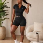 ensemble de sport femme 2 pièces avec top zippé à col montant et short taille haute, tenue fitness & yoga d’été
