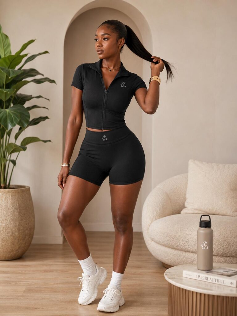ensemble de sport femme 2 pièces avec top zippé à col montant et short taille haute, tenue fitness & yoga d’été