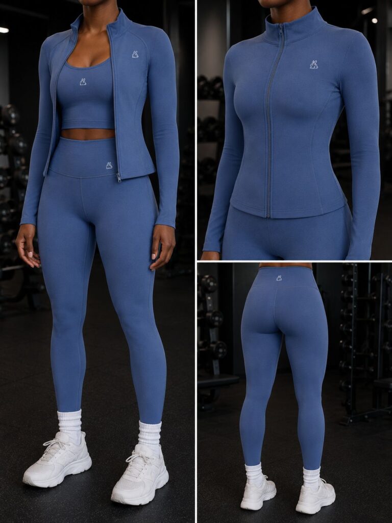 ensemble de sport femme vert menthe en tricot avec veste manches longues, gilet et leggings
