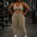 ensemble de sport 2 pièces grande taille femme – débardeur col rond uni et legging taille haute